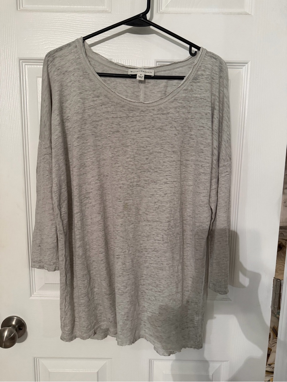 White + Warren Heathered Light Gray Scoop Neck Long Sleeve Top 100% Linen